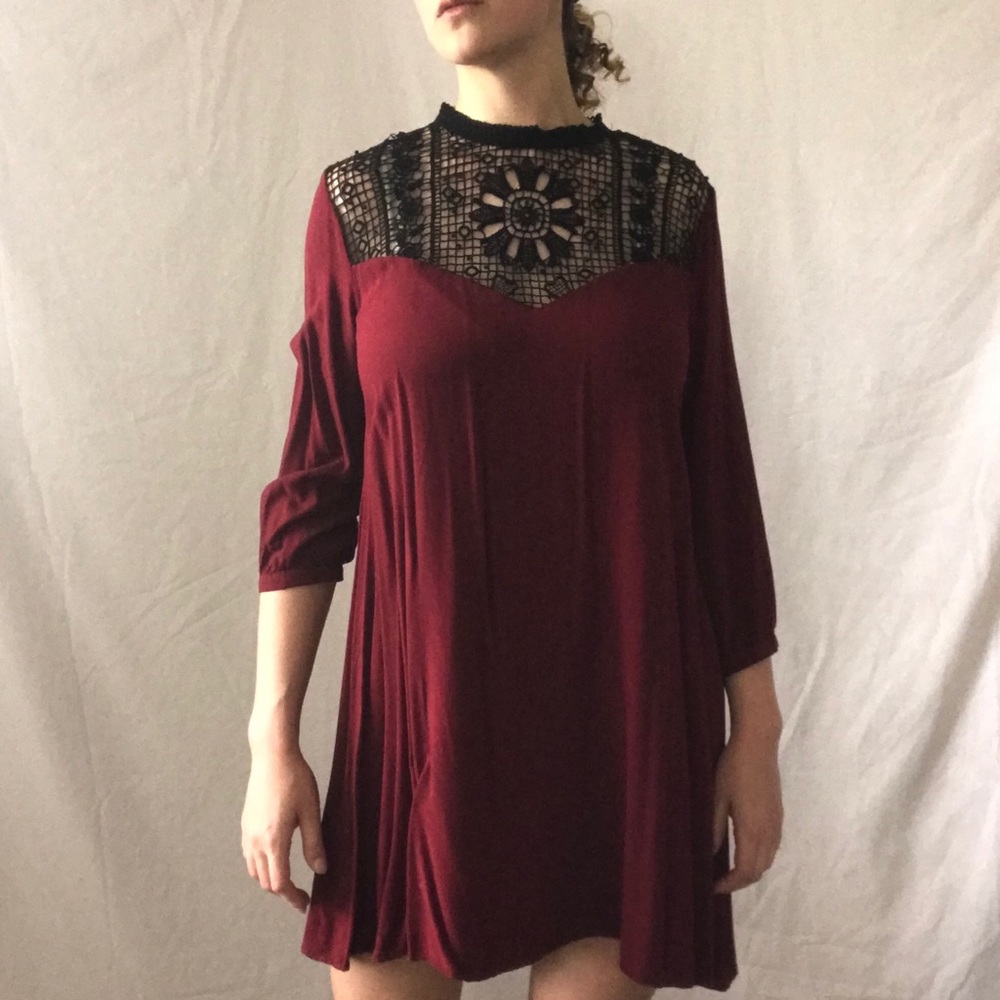 Forever 21 Red Sheath Dress with Black Lace Collar